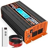 1100 Watt Pure Sine Wave Power Inverter 12V DC to 110V 120V Converter for Family RV Off Grid Solar System Car with Type-C Ports 2 AC Power Outlets Dual USB Ports LCD Display and Remote Control