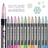 TEOYALL Self-Outline Markers, 12 Color Double Line Outline Pens Metallic Permanent Pens for Painting Drawing Gift Cards