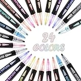 24 Colors Glitter Shimmer Marker Set, Double Line Outline Pens, Self-Outline Metallic Markers, Super Squiggles Outline Markers, Glitter Shimmer Markers for Greeting Card, DIY, Christmas Gift for Kids