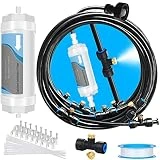 Misting System with Water Filter - Upgraded Signice 26FT (8M) Line & 7 Brass Mist Nozzles Outdoor Misters for Patio Cooling Mister Systems Kit for Outside Garden Backyard Greenhouse (Black)