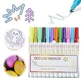 12 Pcs Outline Marker Set, 2023 New Glitter Gel Double Line Outline Pen Sparkle Markers Colorful Art Pens for Writing, Scrapbooking, Coloring and Greeting Cards, Journal Drawing (12 Pcs)
