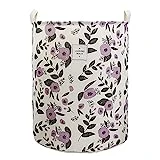 Mziart Collapsible Laundry Basket, Floral Printing Large Laundry Hamper for Baby Girls Kids Toys Clothes Organizer Foldable Storage Bin Waterproof Canvas Nursery Storage Basket with Handles (Purple)