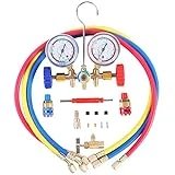 JIFETOR 3 Way AC Manifold Gauge Set, HVAC Diagnostic Charging Tool for Auto Household R404A R134A Refrigerant with R134A Quick Couplers 3FT Charging Hose Can Tap Adapter Valve Core Tool