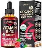 USDA Organic Vitamin B12 Sublingual Drops - 5000 mcg Liquid Vegan Methylcobalamin - Energy Boost, Focus & Mood, Metabolism & Brain Health Support - Maximize Absorption - 2 Month Supply, 2 fl oz