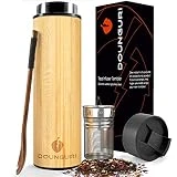 Dounguri Bamboo Thermos with Tea Infuser & Strainer 19oz capacity - Keeps Hot & Cold for 12 Hrs - Vacuum Insulated Stainless Steel Travel Tea Tumbler Infuser Bottle for Loose Leaf Tea & Coffee