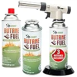 Jo Chef Pro Cooking Torch Lighter - Refillable Butane Torch Head, Hand Held Small Butane Torch with Adjustable Flame - Culinary Blow Torch, Creme Brulee Torch, Baking, BBQ Including 3 Butane Canisters
