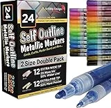 24 Self Outline Metallic Markers, Paint Pen Double Pack of Both Extra Fine Tip and Medium Tip, Double Line Markers, Self Outline Paint Pens, Journal Pens, Scrap Booking, Cards, DIY Crafts
