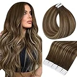 Full Shine Tape in Hair Extensions 14 Inch Glue in Hair Extensions Skin Weft Hair Extension Color Chocolate Brown to Blonde and Brown 50 Gram 20Pcs Real Human Hair