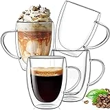 Ulrikco 12 oz Double Walled Glass Coffee Mugs, Clear Cappuccino Glass Mug Set of 4, Double Insulated Glass Coffee Mugs with Handle, Latte Mug, Espresso Mug Cups for Hot/Cold Drinks, Dishwasher Safe