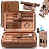 TISFA Cigar Humidor, Leather Cedar Wood Cigar Case with Cigar Lighter, V Cut Cigar Cutter, Cigar Holder 3 in 1, Portable Travel Cigar Humidor Box with Humidifier (Brown)