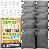 Activated Charcoal Odor Absorber 10x3.5oz w Hooks. Nature Fresh Bamboo Charcoal Air Purifying Bag. Home Car Closet Air Freshener Deodorizer Strong Odor Eliminator for Room, Drawer Smoke Smell Remover