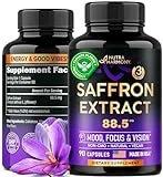 NUTRAHARMONY Saffron Supplements - 88.5 mg Pure Saffron Extract - Focus, Eye Health & Mood Support - Made in USA - for Women & Men - Non-GMO, Vegan Pills - 90 Powder Capsules - 3 Month Supply