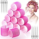Jumbo Hair Curlers Rollers, 24Pcs Set with 12 Hair Curlers Self Grip Holding Rollers and 12 Stainless Steel Duckbill Clips for Long Medium Hair Bangs Volume (Rose Red)