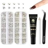 UNA GELLA Nail Art Rhinestone Glue Gel& 2000+Pcs Flatback Nail Gems Charms Accessories Kit 15g Nail Rhinestone Gel Glue(UV/LED Needed) Flat-back Round Crystal Gemstones with Pickup Pencil And Tweezer