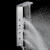POPFLY LED Rainfall Waterfall Shower Panel Tower System, 4 Body Jets and 4 Mist Spray, 3-Function Handheld Shower, 304 Stainless Steel Shower Tower with Temp Display, Brushed