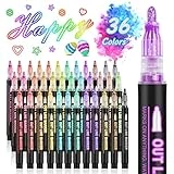 Double Line Outline Markers, 36 Colors Super Squiggles Shimmer Outline Marker Pen Set, Self Outline Metallic Markers Glitter Writing Drawing Pens for Birthday Greeting Card, Doodling, DIY Art Crafts