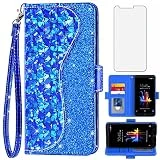 Asuwish Phone Case for ZTE Blade ZMax Z982 Wallet Cover with Tempered Glass Screen Protector and Wrist Strap Flip Credit Card Holder Bling Glitter Stand Cell Z Max Pro 2/Sequoia 982 Women Girls Blue