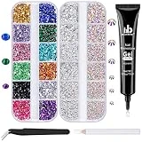 Nail Art Rhinestone Glue Gel&2 Boxes Flatback Gems Accessories Kit, 1 Tube of 15ml Gel Glue(UV/LED Needed)+Colorful Gems+Flat-back Round Glass Crystal AB&Clear Gemstones with Pickup Tools
